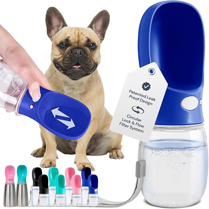MalsiPree Dog Water Bottle Dispenser for Walks - 12 oz Navy Blue - Leak-Proof Lock & One-Hand Operation - On The Go Dog Water Dispenser- Pet Travel Bottle with Built-in Bowl, for Hiking & Travel