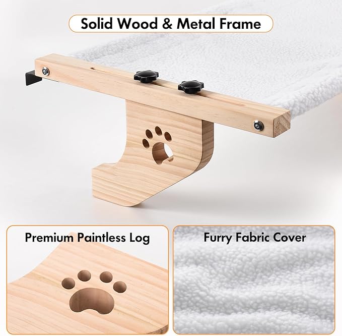 AMOSIJOY Cat Sill Window Perch Sturdy Cat Hammock Window Seat with Wood & Metal Frame for Large Cats, Easy to Adjust Cat Bed for Windowsill, Bedside, Drawer and Cabinet