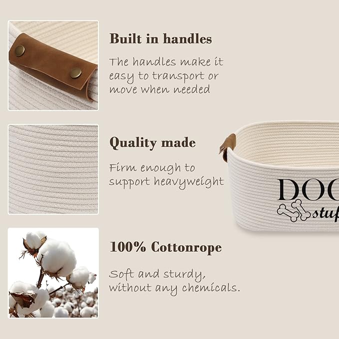 Durable Cotton Rope Dog Toy Storage, Large Dog bin, pet Bed, Puppy Toy Box - Perfect for organizing pet Toys, Blankets, leashes, Clothing and Any Doggie Stuff - Beige
