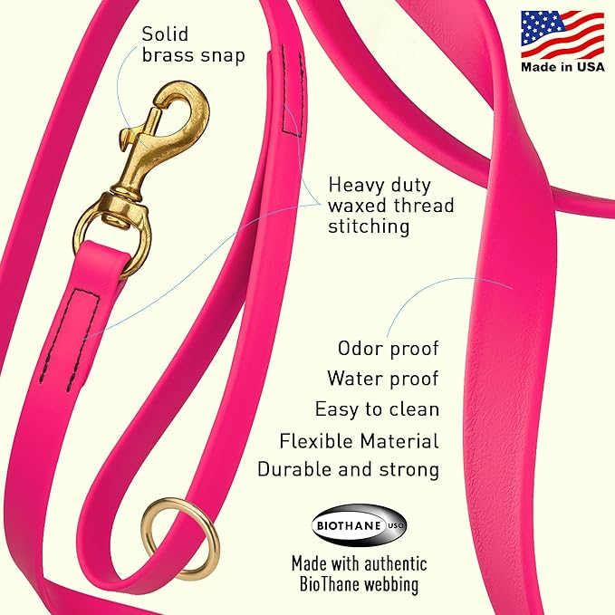 Viper Biothane K9 Working Dog Leash Waterproof Lead for Tracking Training Schutzhund Odor-Proof Long Line with Solid Brass Snap for Puppy Medium and Large Dogs 4ft, Passionfruit Pink