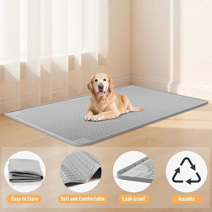 Silicone Dog Bed Mat, 50"x 30" Crate Mat for Dog Cages, Kennel Mat with Raised Edge, Washable, Waterproof, Leakproof, Protect Floors (Light Grey)