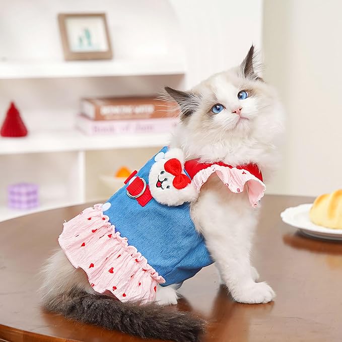 Small Dog Harness and Leash Set Denim Cat Harness Dress for Puppy Clothes for Girls Pink Dog Birthday Dress French Bulldog Harness with Strawberry Bear Decoration