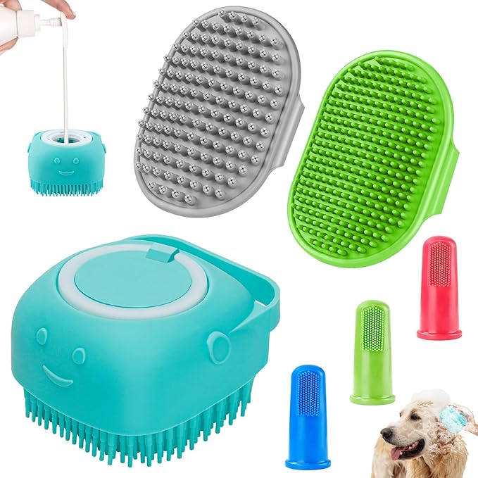 Comotech 6PCS Dog Bath Brush & Dog Toothbrush | Adjustable Handle Shampoo Brush & Scrubber for Short & Long Haired Dogs & Cats | Effectively Solve Odor & Stain Removal Problems (Blue Green Gray)