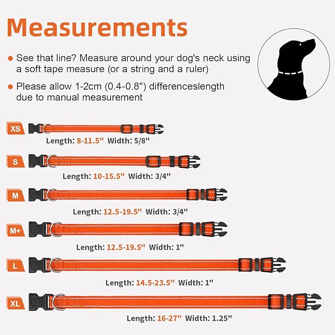 Reflective Dog Collar for Extra Large Dogs, Adjustable Collar with Soft Neoprene Padded, Durable Buckle for Daily Walking,Orange,XL