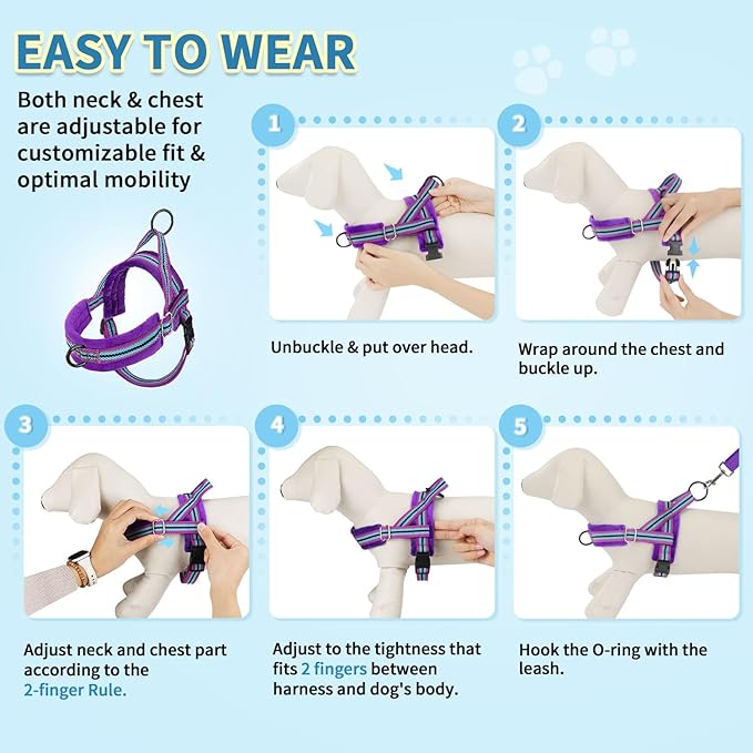 SlowTon No Pull Small Dog Harness and Leash Set, Puppy Soft Vest Harness Neck & Chest Adjustable, Reflective Lightweight Harness & Anti-Twist Pet Lead Combo for Small Medium Dogs (PU-Front Clip, S)