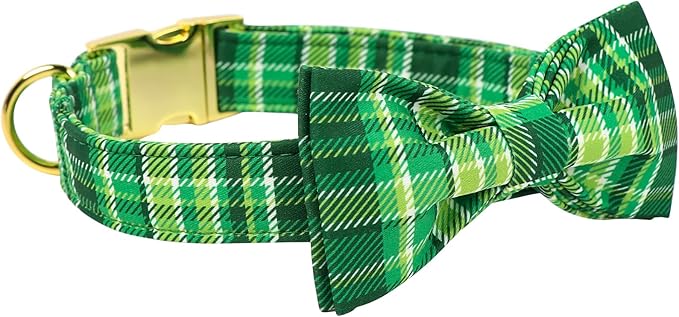 Maca Bates St. Patrick's Day Irish Plaid Dog Collar with Fancy Bow Tie,Shamrock Green Gingham Pattern for Large Girl Boy Dogs,Adjustable Durable Soft Collars Gift for Male Female Puppy