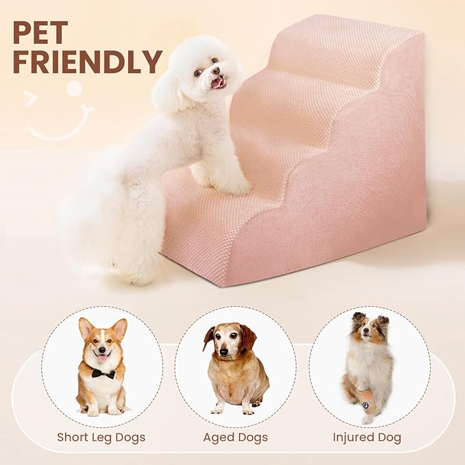 Dog Stairs for Small Dogs, High Density Foam Dog Steps, Extra Wide Non-Slip Pet Ramp for High Beds Or Couch, Soft Doggie Ladder for Dogs Injured, Older Pets, Small Cats, 4 Steps, Pink