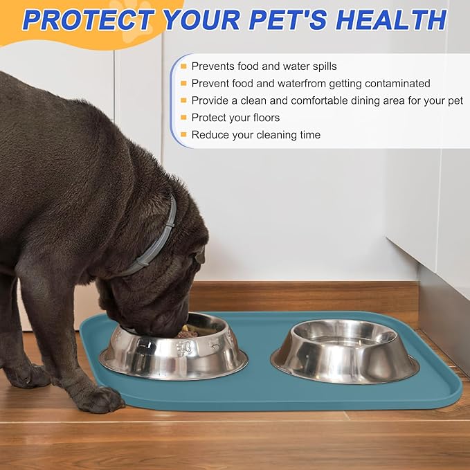 Silicone Pet Feeding Mat with Raised Edge for Food and Water, Dog Bowl Mats, Cat Bowls Placemat with High Lip for Floor Waterproof, Rubber Tray for Cats and Dogs 24 x 16 x0.8 Slate Blue