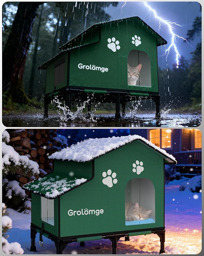Large Outdoor Heated Cat House for Multiple Cats, Weatherproof Insulated Spire Roof Shelter