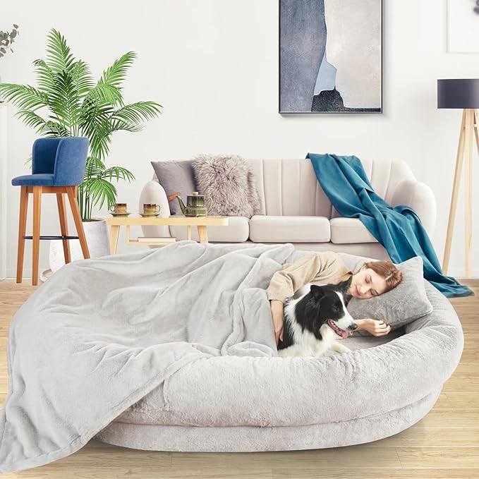 Human Dog Bed for Adult Kids with Blanket and Pillow, 70"x33"x12" Washable Faux Fur Human Size Dog Bed for People Doze Off, Light Grey