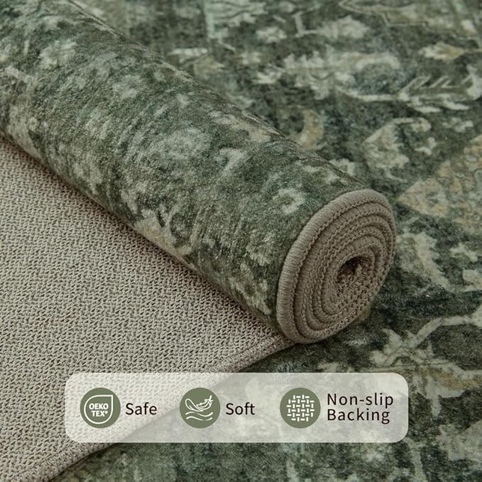 Entryway Rug Door Mat, Washable Samll 2x3 Rug, Green Boho Front Door Mat, Non Slip Area Rugs, Low Pile Throw Accent Entry Carpet for Indoor Entrance, Bathroom and Kitchen(Green 2x3ft)