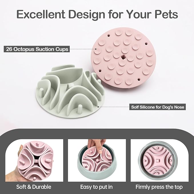 2 Pcs Slow Feeder Insert for Dog Bowl, Anti-Choking Silicone with Strong Suction Cups, Fits Most Dog Bowls, Ideal for Medium, Large Breeds (Green+White)