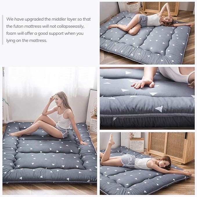 MAXYOYO Grey Triangle Japanese Floor Futon Mattress, Tatami Floor Mat Portable Camping Mattress Kids Sleeping Pad Foldable Roll Up Floor Lounger Pillow Bed Queen Size with Mattress Protector Cover