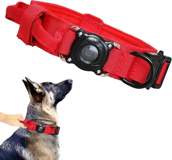 Xqpetlihai Upgraded AirTag Dog Collar Waterproof Tactical Dog Collar with AirTag Holder Heavy Duty Dog Collars for Large Dogs(Red，M