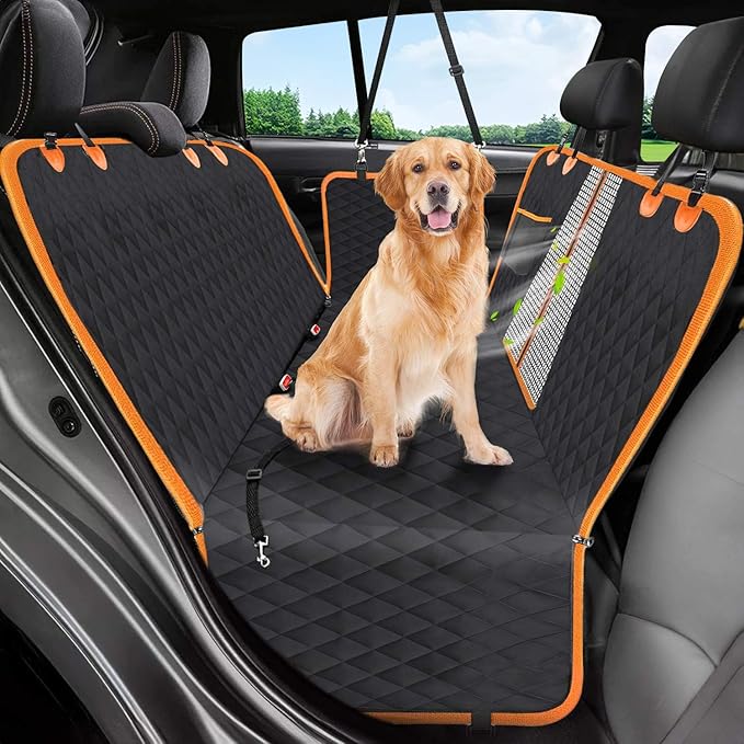 Dog Car Seat Cover, 600D Heavy Durable Dog Seat Cover for Back Seat, 100% Waterproof Scratch Proof Nonslip Dog Hammock for Car with Side Flap, Pet Seat Covers with SeatBelt for Cars Sedan SUV Trucks