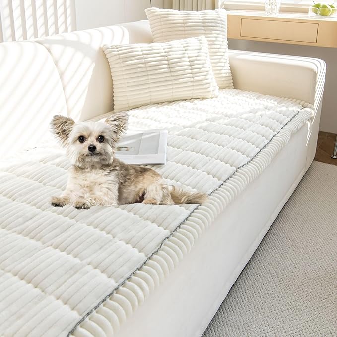 Faux Fur Plush Dog Couch Cover 3D Stripe Fuzzy Sofa Cover Non-Slip Fluffy Dog Bed Cover Pet Blanket Sofa Couch Furniture Protector for Puppy Large Dog Cat (Cream,24"x82")