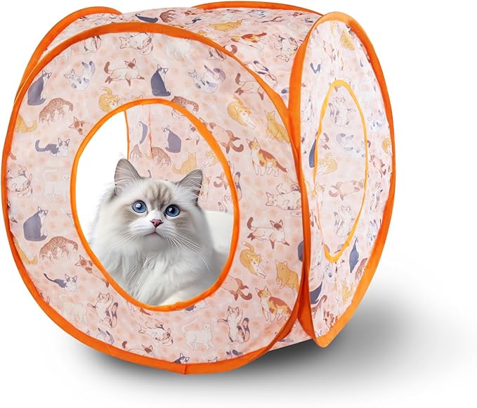 Andiker Small Cat Tents for Indoor Cats, Summer Fruit Patten 15" Foldable Cat Tube with 1 Plush Ball and 3 Holes Kitten Hide-and-Seek Toy to Relieve Boredom Also for Kitten Rabbits (Orange)