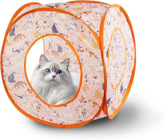 Andiker Small Cat Tents for Indoor Cats, Summer Fruit Patten 15" Foldable Cat Tube with 1 Plush Ball and 3 Holes Kitten Hide-and-Seek Toy to Relieve Boredom Also for Kitten Rabbits (Orange)
