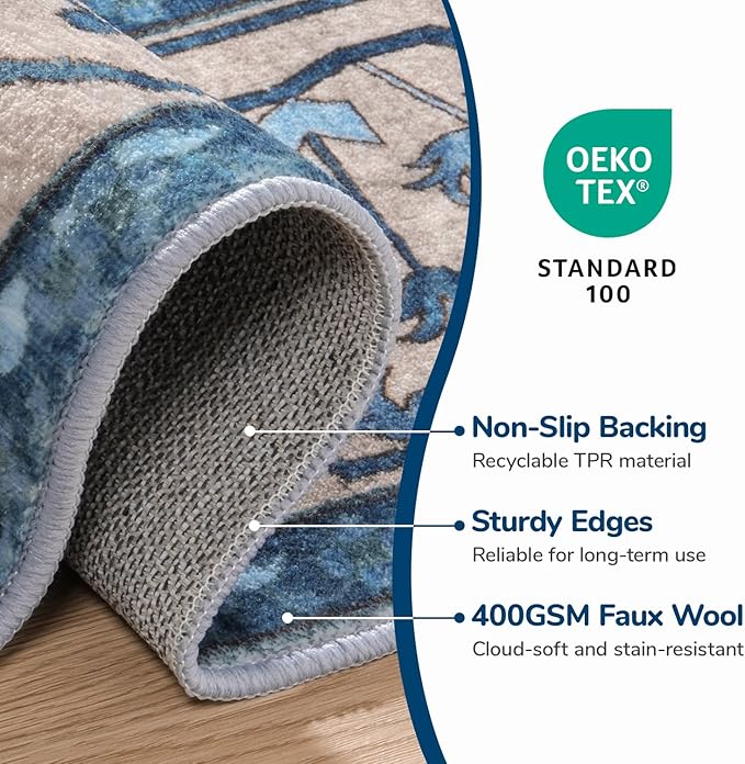 Lessymo Washable Area Rugs 6x9- Boho Area Rug Low Pile for Bedroom Living Room Kitchen, Ultra-Soft Faux Wool Vintage Area Rug with Non-Slip Rubber, Kid & Pet Friendly, Blue Brown