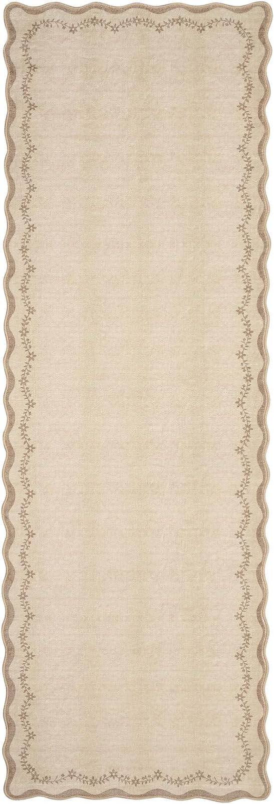 GarveeHome 2.5x8 Scalloped Washable Runner Rug for Kitchen, Soft Jute Long Hallway Runner Non Slip Entryway Rug Farmhouse Thin Laundry Mat Stain Resistant Carpet for Bathroom Beside Rug