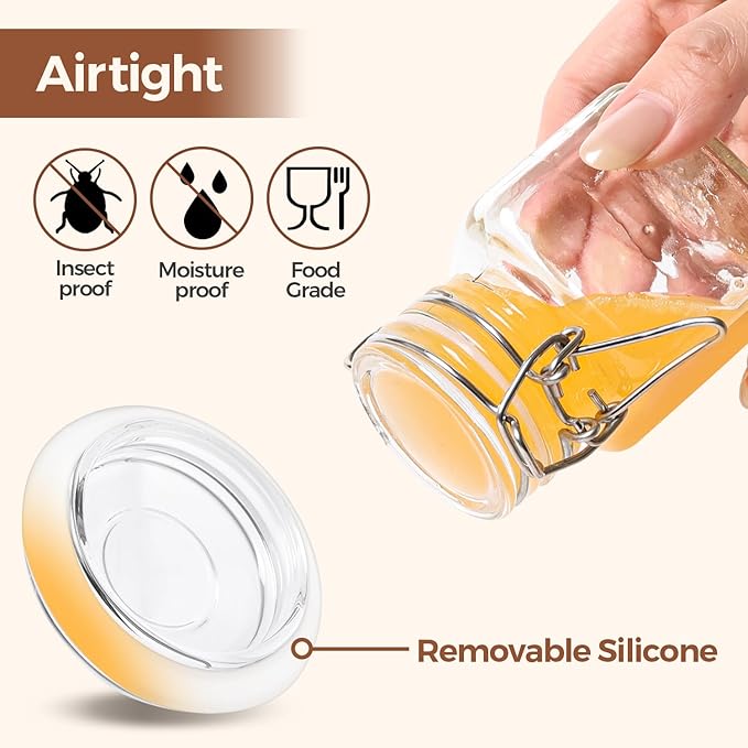 ComSaf 4 oz Glass Jars with Lid, Set of 6 Mini Airtight Glass Jars, Spice Jars, Small Mason Jar, Canning Jar Square with Seal Wire Clip Fastening, Labels & Funnels for Jam, Honey, Kitchen, Wedding
