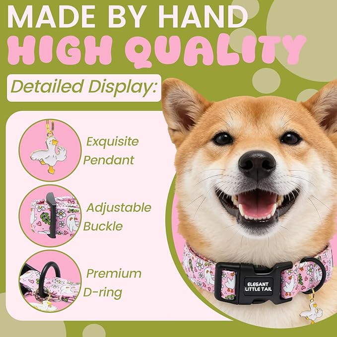 Elegant little tail Dog Collar, White Goose Print Spring/Summer Soft Cotton Puppy Collars Adorable Female or Male Pet Gift Lightweight Plastic Adjustable Dog Collar for Small Dogs