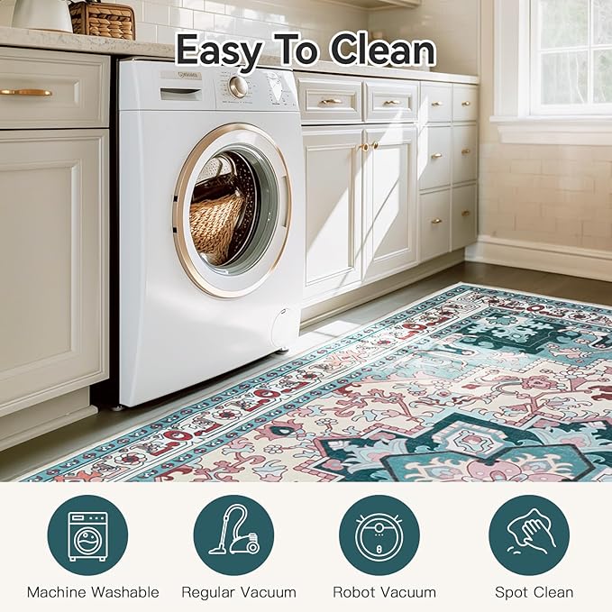 5x7 Area Rugs, Vintage Washable Area Rug for Living Room, Floral Boho Area Rugs for Bedroom, Office, Non-Slip Colorful Rug, Traditional Vintage Style, Plush Low-Pile Soft Carpet, Light Blue