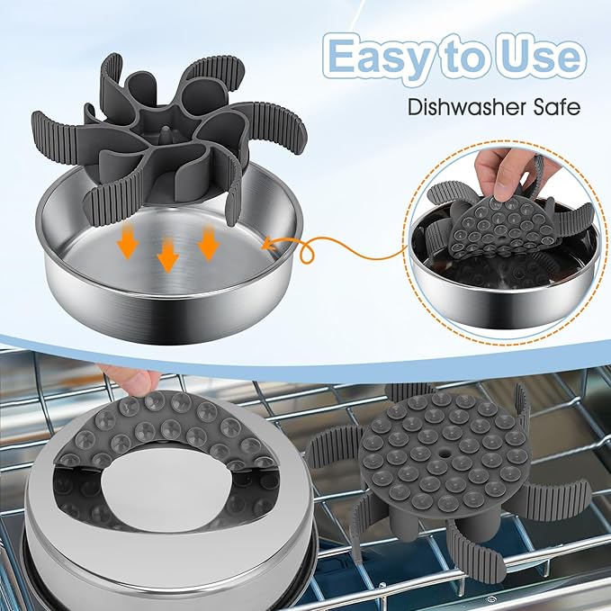 2-in-1 Slow Feeder Dog Bowls, Stainless Steel Pet Bowls with Silicone Feeder Insert, Removable Non-Slip Rubber Base for Dogs to Slow Down Eating (Medium Breed)