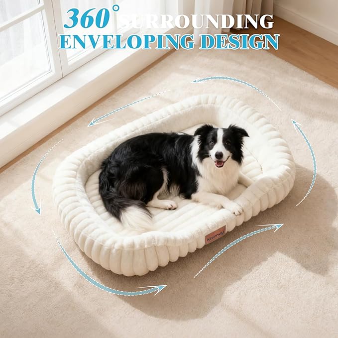 Orthopedic Dog Bed for Large Dogs, Comfort-Sided Calming Pet Bed with Breathable Memory Foam, Plush Faux Rabbit Fur & Non-Slip Bottom, Machine Washable with Carry Handle, 35"x27"x5.5", Cream