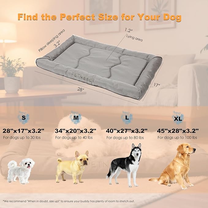 4-Season Water-Resistant Dog Beds for Metal Crates, Indoor & Outdoor Use for Dogs up to 80 lbs, Durable Oxford 900D Fabric, Plush Pillow & Supportive Foam, Washable (40 inches, Grey)
