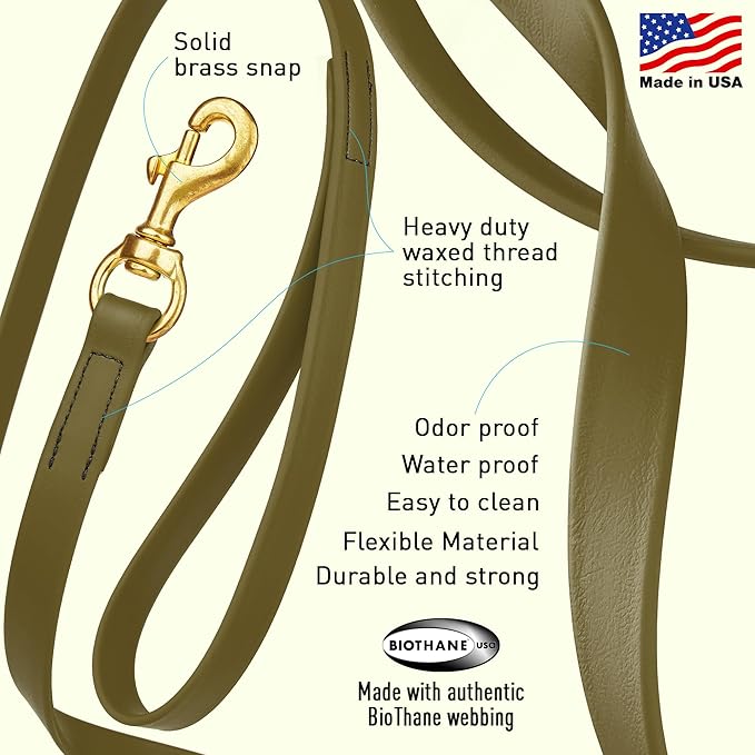 Viper Biothane K9 Working Dog Leash Waterproof Lead for Tracking Training Schutzhund Odor-Proof Long Line with Solid Brass Snap for Puppy Medium and Large Dogs, 15ft Olive Drab Green