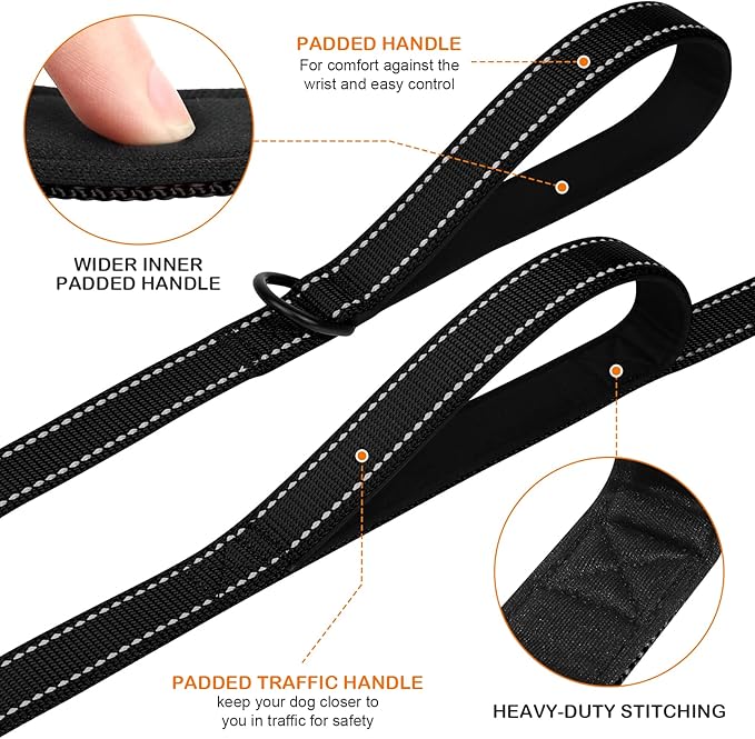 Joytale Dog Leash Heavy Duty for Large Dogs That Pull, Double Handle for Traffic Control, Double-Sided Reflective Leashes for Large Medium Dogs Night Safety, 5FT, Black