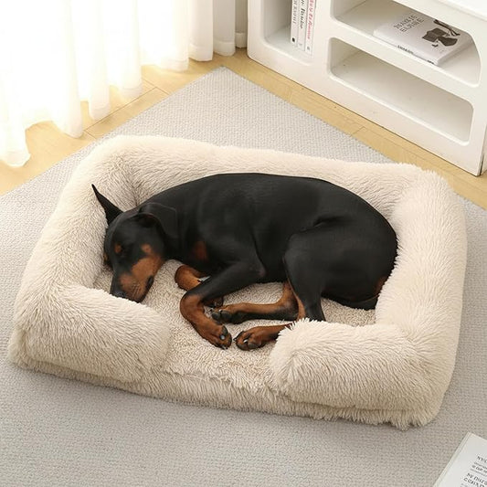 Orthopedic Dog Bed for Large Dogs - Washable Memory Foam Pet Sofa, Fluffy Plush Rectangular Bed, Waterproof Anti-Anxiety Couch, Light Brown, L