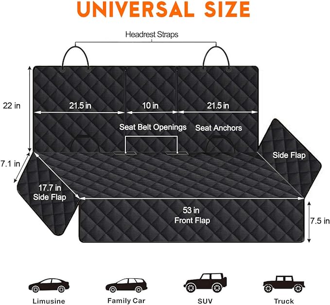 Dog Car Seat Cover, Back Seat Cover for Dogs Pet Car Seat Protector Waterproof Bench Car Seat Cover, Non-Slip Reat Seat Cover fits Middle Armrest for Most Cars Trucks SUVs - Black