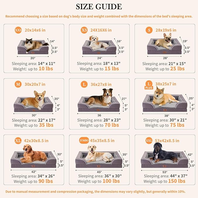 Comfort Expression Orthopedic Dog Bed for Large Dogs 38x25 Inch, Waterproof Supportive Egg Crate Foam Large Pet Bed with Removable Bolsters, Dog Couch with Washable Cover & Non-Slip Bottom, Purple