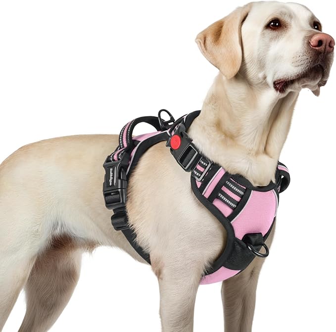 rabbitgoo Dog Harness for Large, No Pull Pet Harness with 3 Buckles, Adjustable Soft Padded Vest with Control Handle, Walking Reflective Pet Vest for Large Dogs, Pink, L