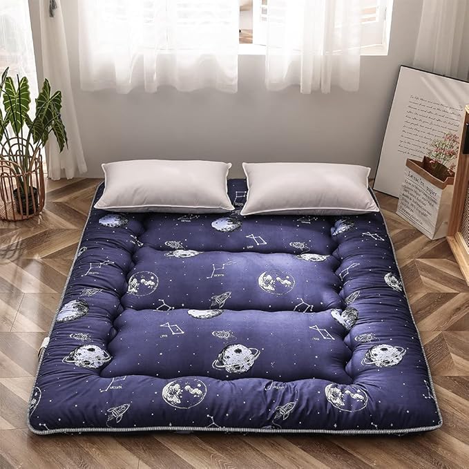 Navy Space Adventure Japanese Floor Futon Mattress, Thicken Tatami Mat Sleeping Pad Foldable Bed Roll Up Mattress Floor Lounger Bed Couches and Sofas for Kids Twin Size