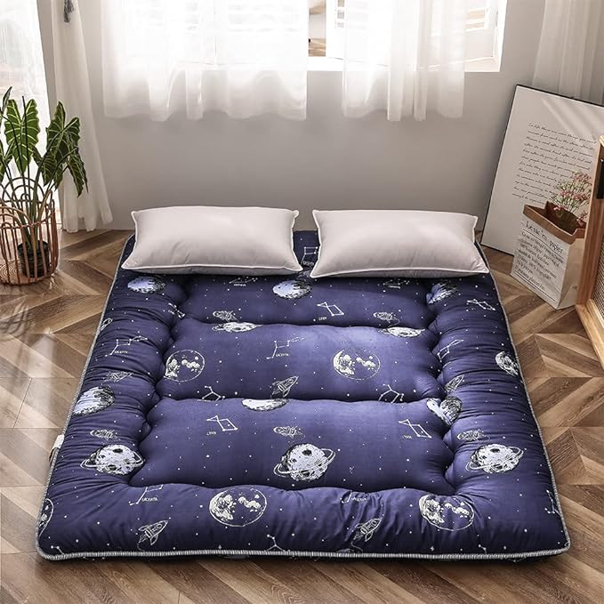 MAXYOYO Navy Space Adventure Japanese Floor Futon Mattress, Thicken Tatami Mat Sleeping Pad Foldable Bed Roll Up Mattress Floor Lounger Bed Couches and Sofas for Kids Queen Size