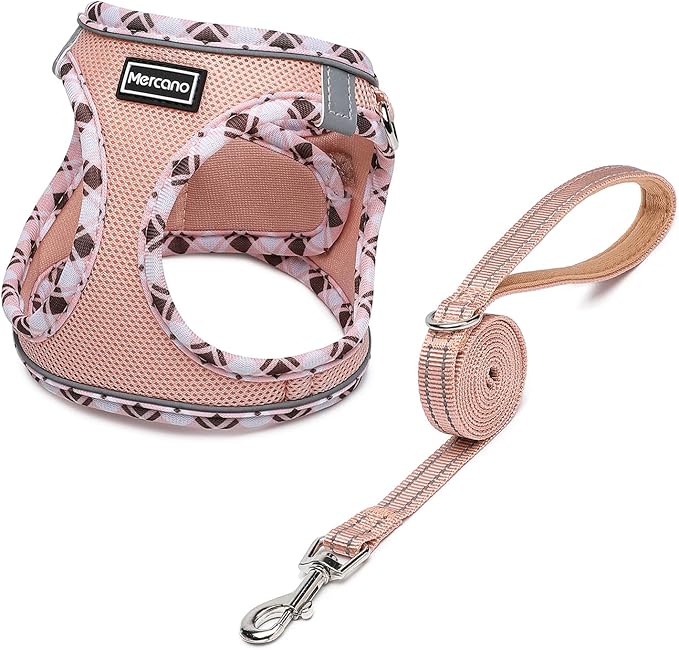 Mercano Soft Mesh Dog Harness and Leash Set, No-Chock Step-in Reflective Breathable Lightweight Easy Walk Vest Harnesses with Safety Buckle for Small Dogs, Cats (Champagne, L)