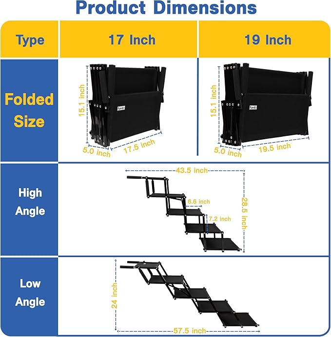Dog Stairs for Large Dogs, for Medium Dogs, Foldable Dog Ramp for Car & SUV, Steps for Bed, Extra Wide Non-Slip Pet Steps for Car Side Door, Truck & High Beds, Portable & Adjustable - 19" Wide