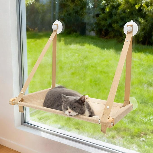 CATISM Cat Window Perch - Cat Hammock for Window, Soft Seat Machine Washable, Solid Wood Frame, 4 Suction Cups, Hammock Bed for Cats Inside(23.43x14.5In) L