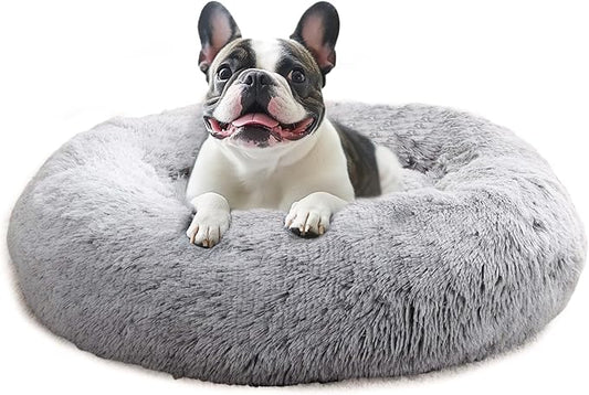 JOLLYVOGUE Calming Dog Bed Large Size Dog, Anti-Anxiety Donut Large Pet Bed, 36 inches Fluffy Faux Fur Round Cat Bed, Fits up to 75 lbs Pets (Smoke Grey)