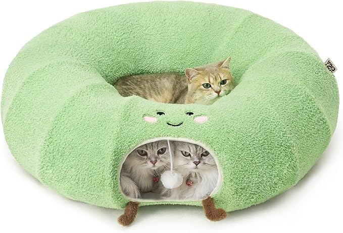 EHEYCIGA Cat Tunnel Bed for Indoor Cats, Cute Cat Donut Toy Tunnel for Small Large Cats with Washable Circle Cushion, Peekaboo Pet Cave Play Tunnel for Kitten, Puppy, Rabbit