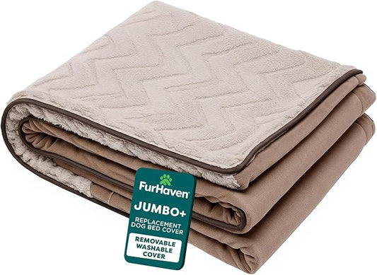 FurHaven Dog Bed Cover Replacement, Sofa-Style Design with Soft, Breathable Fabric for Cozy Comfort, Machine Washable, Jumbo Plus XXL, Plush & Velvet Waves, Brownstone