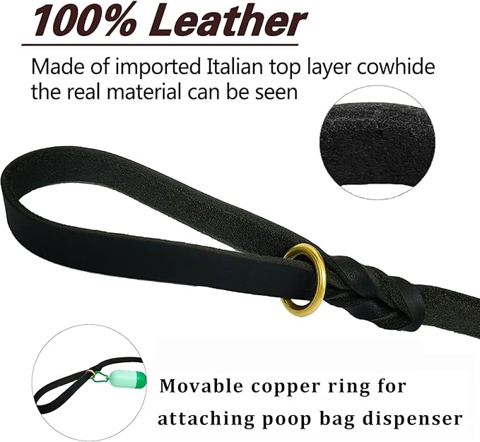 LWBMG Leather Dog Leash 6ft x 1/2 inch Heavy Duty Dog Leash, Strong Sturdy Genuine Leather Braided Dog Leash, Soft and Comfortable Leather Leash for Large, Medium and Small Dogs Training Black