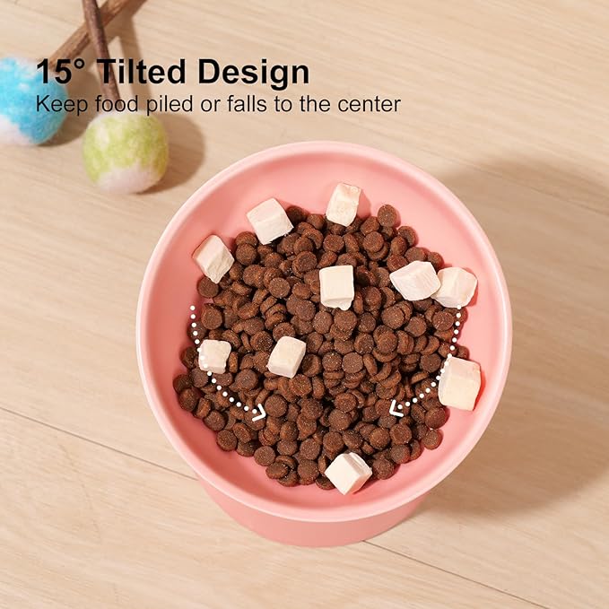 YauYik Ceramic Raised Cat Bowls, Elevated Tilted Cat Food and Water Bowls Set, Stress Free Pet Feeding Dish for Indoor Cats and Small Dogs, Anti Vomiting, Pink, 2 Pack