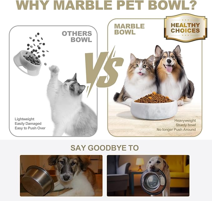 White Marble Dog Bowls, Non-Slip Dog Food Water Bowl Small, Heavy Duty Pet Bowl for Cats and Medium Dogs, Weighted African Natural Marble, Holds 4 Cups(5lbs)