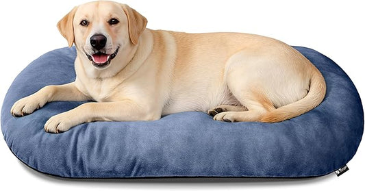 Washable Large Dog Bed for Medium & Large Breeds, Non-Slip Bottom & Plush Faux Silver Fox Fur Oval Cushion Pad for Big Dogs, Soft Mat for Crates, Mist Blue, 41x27 Inch