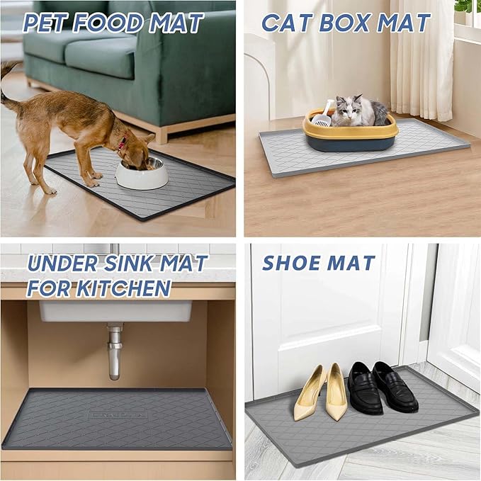 URMONA Large Dog Food Mat, 28" x 22" Pet Food Mat, Waterproof Dog Cat Food Mat with Raised Edges, Silicone Pet Food Mat, Dog Accessories, Prevents Food Spills, Protects Floors（Dark Gray）