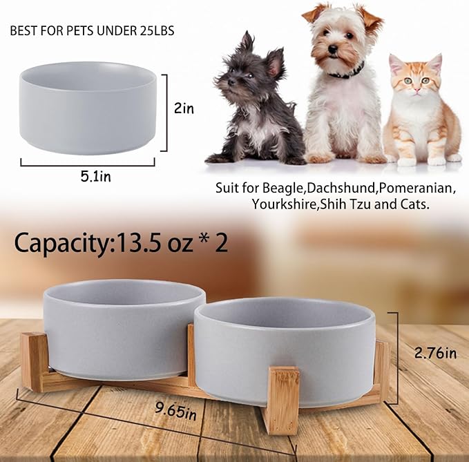 Petygooing Ceramic Dog Bowl Set with Wood Stand, Grey, 13.5OZ/5.1 in, Suitable for Cats & Small Dogs